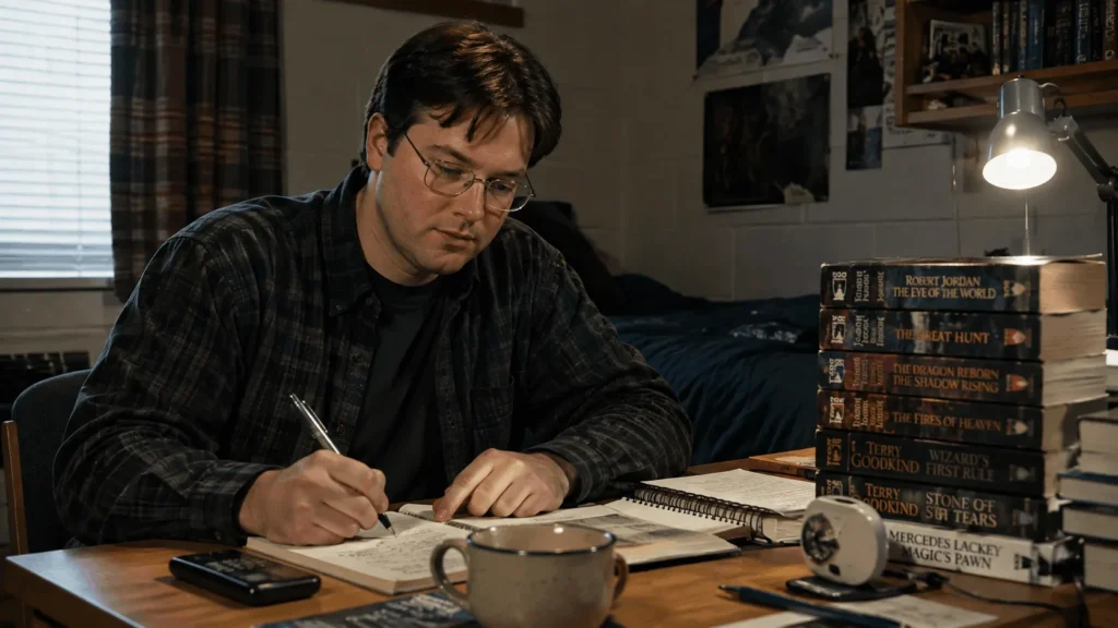 oung Brandon Sanderson writing during his university years before his net worth grew