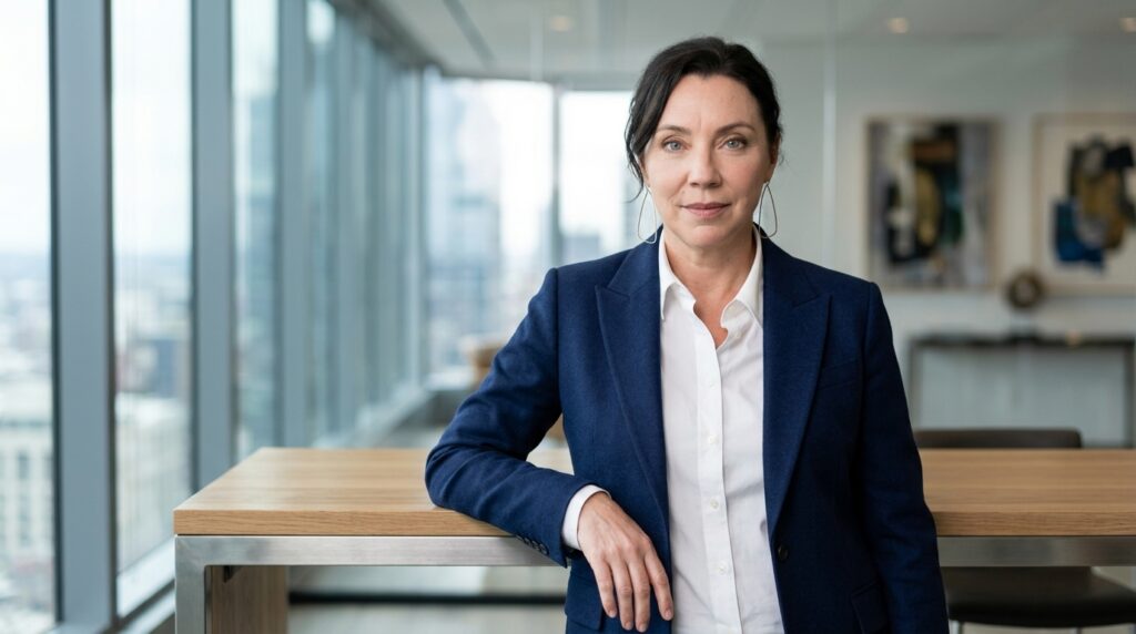 Stephanie Courtney standing and leaning on a wooden conference desk in a brightly lit high-rise office with city views.