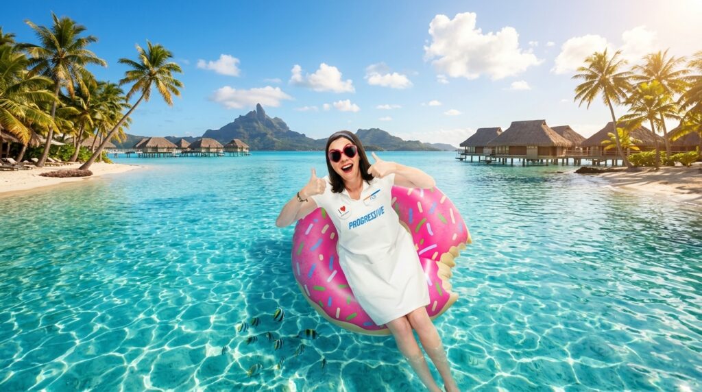 Vibrant 16:9 shot of Flo from Progressive floating on a pink donut tube in crystal-clear turquoise ocean water with tropical overwater bungalows in the background.
