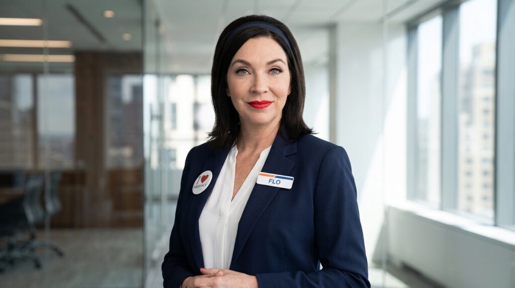 Portrait of Stephanie Courtney wearing a navy corporate suit jacket over her Flo Progressive outfit with a name badge in a modern workspace.