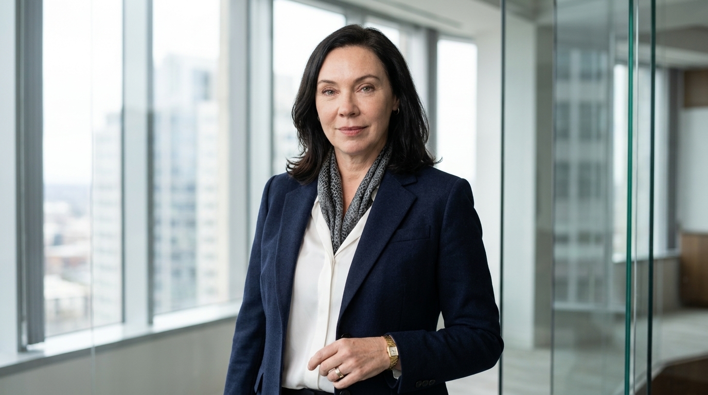 Professional headshot of Stephanie Courtney wearing a navy blue blazer, white shirt, and patterned scarf in a modern office environment.