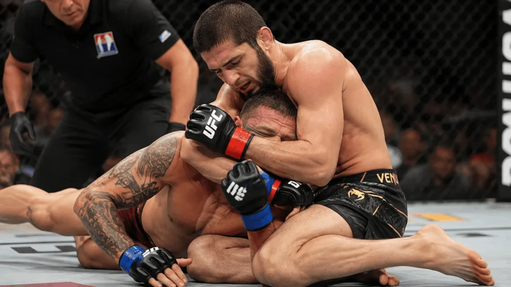 Islam Makhachev fighting in the UFC octagon