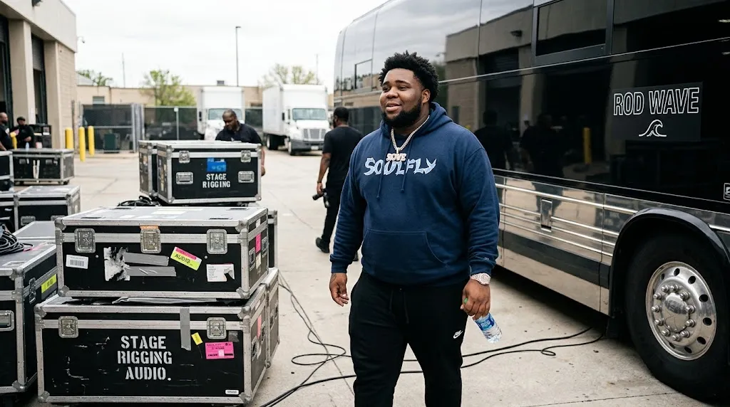 Rod Wave backstage on tour, reflecting his net worth from touring income