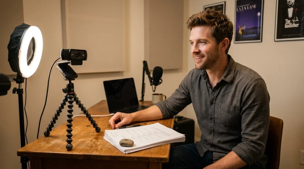 Self-tape audition setup similar to Lucas Adams's early career