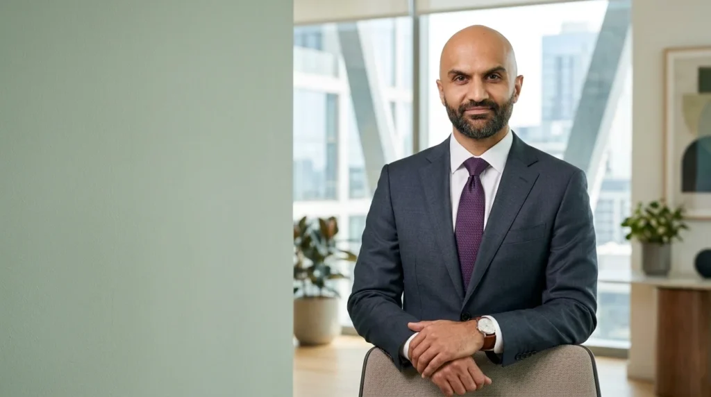 A professional 16:9 editorial photograph of a bald man with a neat beard wearing a dark blue suit and deep purple tie, leaning forward with hands resting on a chair back in a modern, bright office environment with ample negative space on the left.