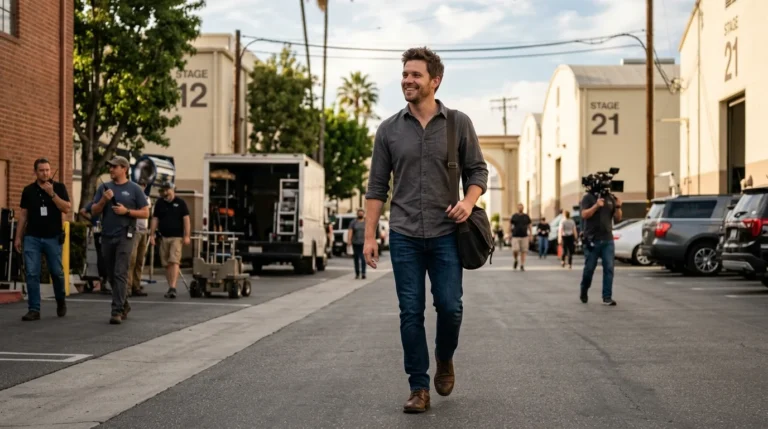 Lucas Adams walking through a television studio lot in Los Angeles