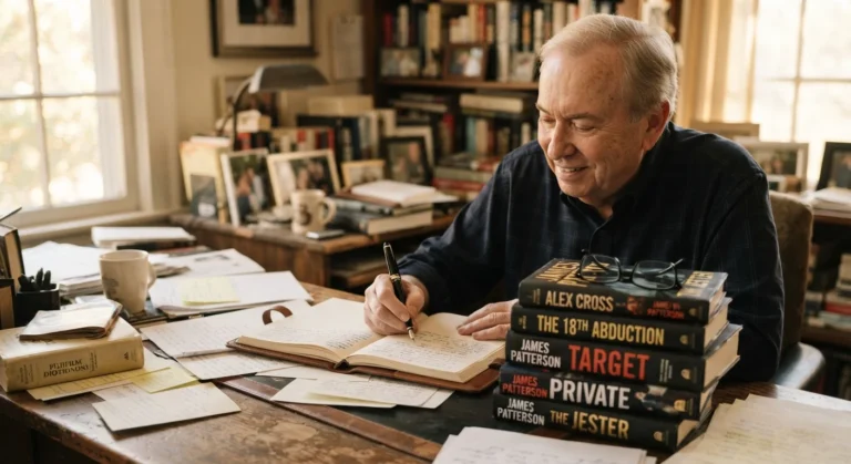 James Patterson net worth shown through stack of his bestselling novels