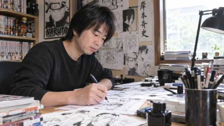 Masashi Kishimoto sketching manga pages early in his career