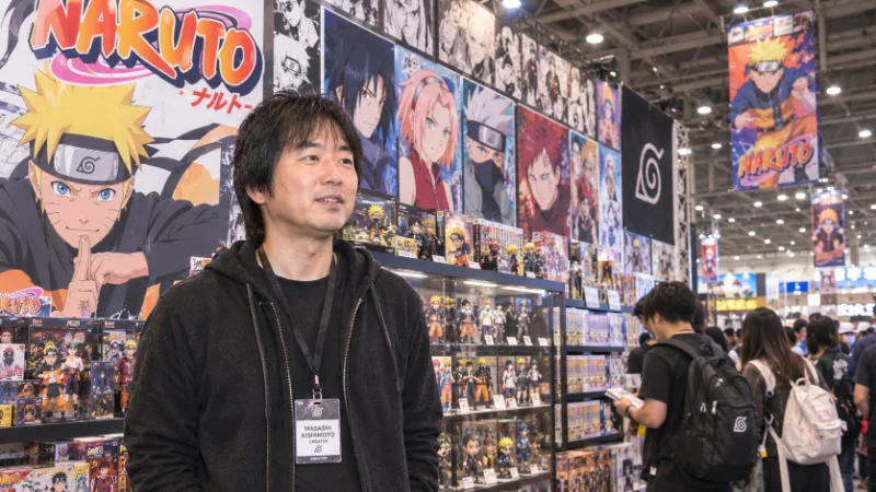 Naruto merchandise and posters showcasing Masashi Kishimoto's legacy
