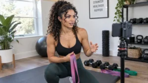Qimmah Russo filming a fitness tutorial for her online followers