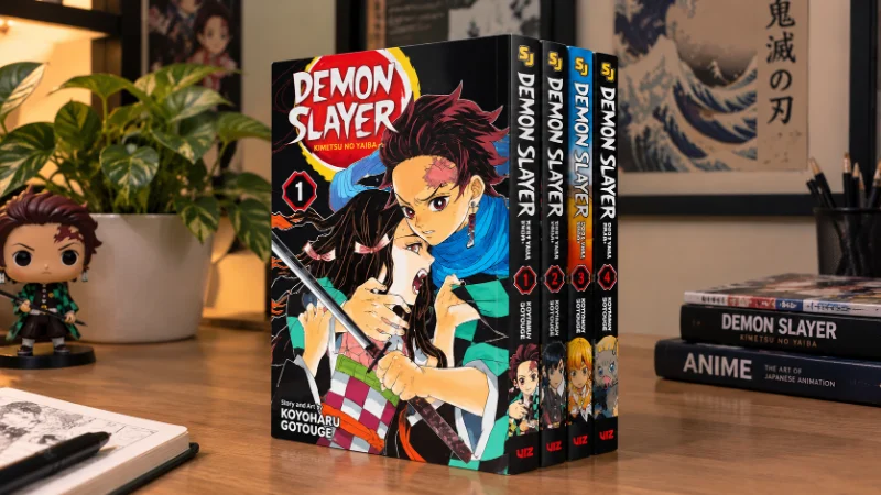 Bookstore manga shelves reflecting the publishing success tied to Koyoharu Gotouge