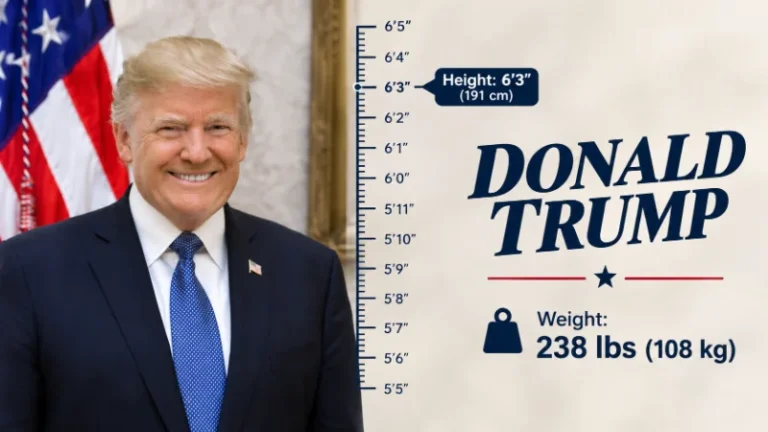 Donald Trump standing at a podium in a navy suit