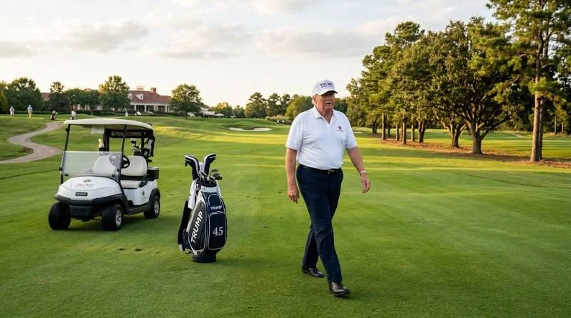 Donald Trump walking a golf course in a white polo