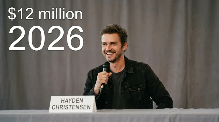 Hayden Christensen speaking on a fan convention panel stage