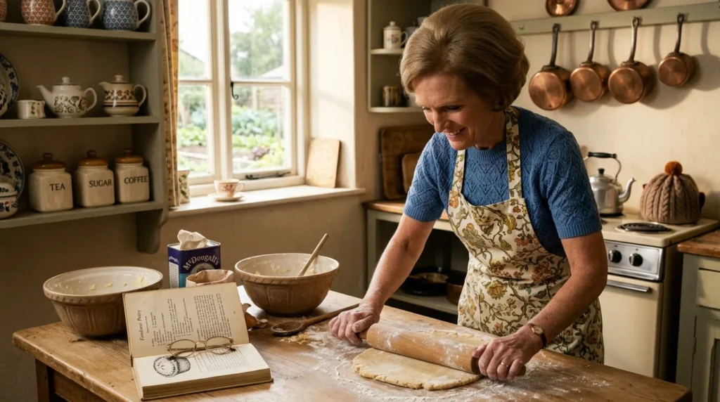 Mary Berry baking at a kitchen table in the 1970s