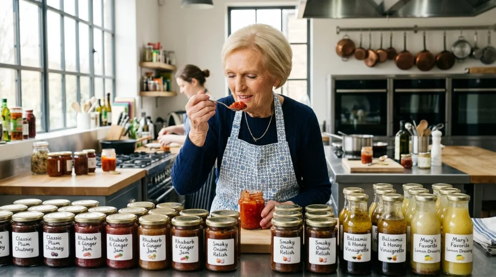 Mary Berry tasting chutney in a food test kitchen