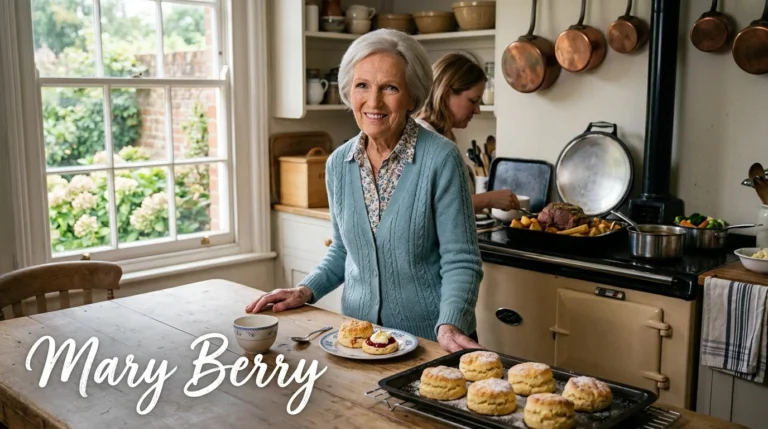 Mary Berry smiling in her family kitchen