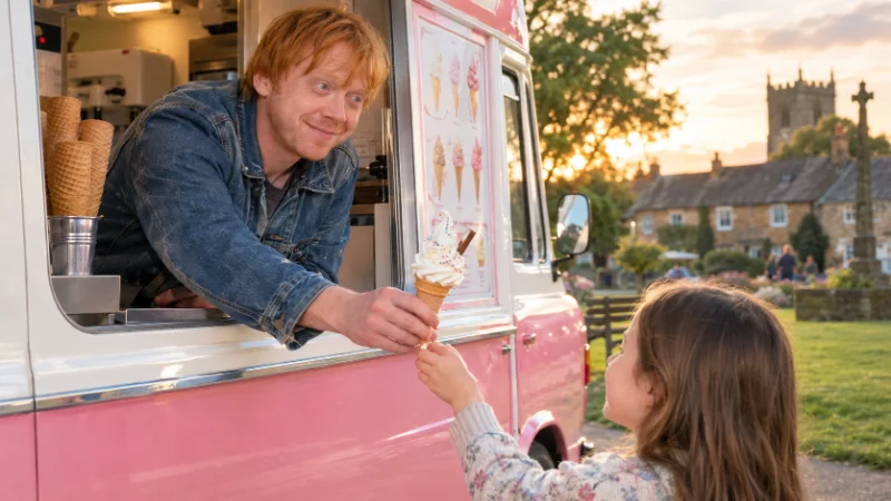 Rupert Grint serving ice cream from his vintage Bedford van